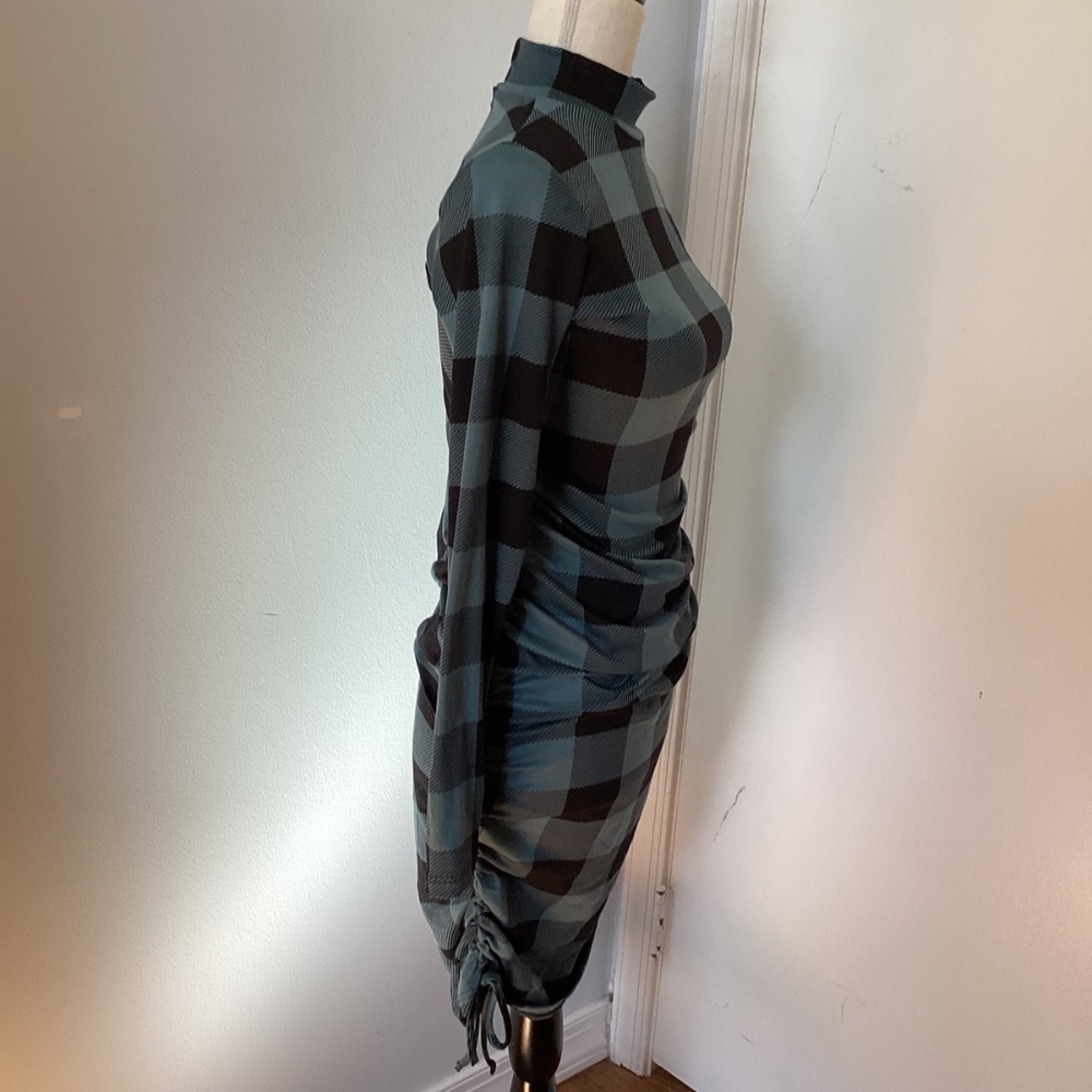 NWOT HELLO MIZ MATERNTY SMALL MIDI DRESS MOCKNECL PLAID TEAL BLACK - Picture 4 of 11